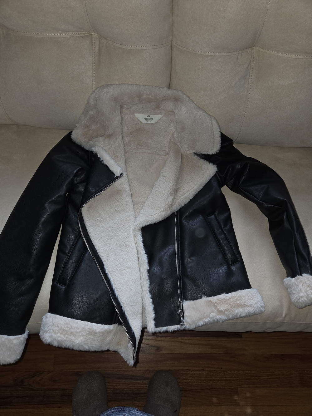 H&M Faux Leather Black Shearling Jacket with Cream Lining